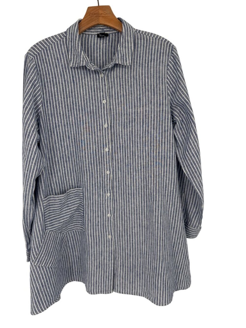 Shana Womens Long Sleeve Blue Striped Linen Tunic Shirt Top Pocket Size Large